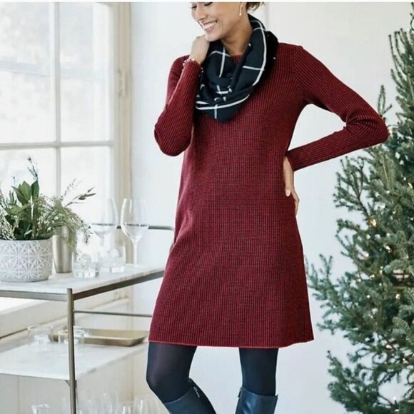 J. Jill Red Black Houndstooth Long Sleeve Relaxed Fit Sweater Dress Size M - Picture 6 of 9